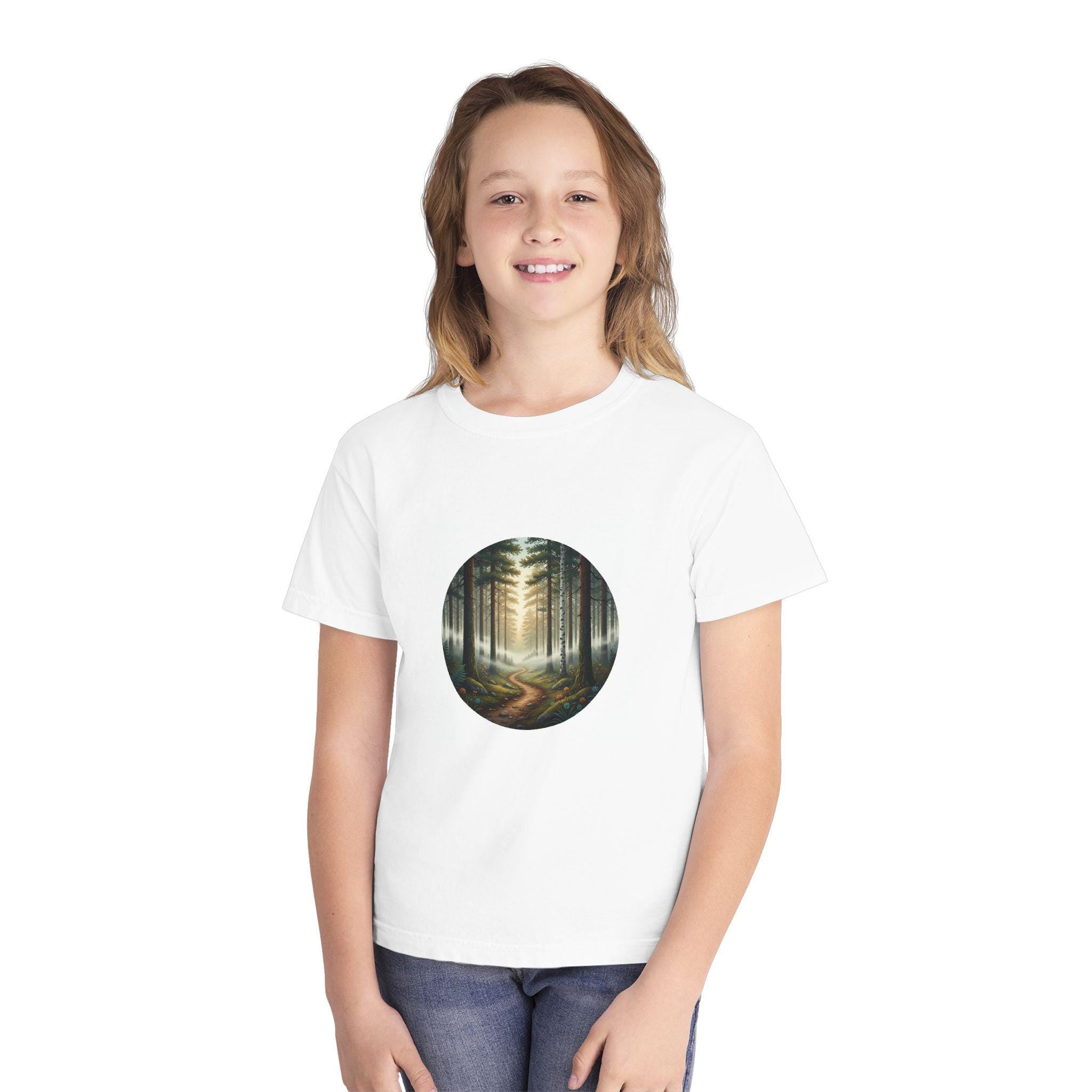 Misty Forest Path Youth Tee | Woodland Scene, Tree Circle, Nature Illustration