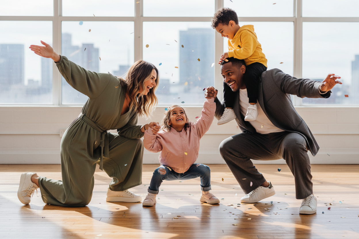 fais une image en famille, elle est habillé en Fashion, mais elle est vraiment basse à genoux complètement genre un peu le style acrobatique